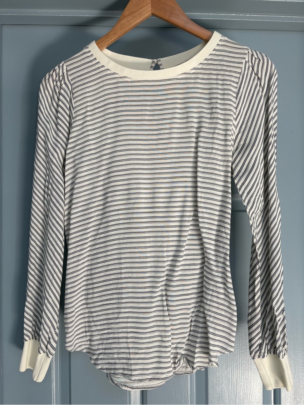 Striped Long-Sleeve Crewneck Top in White and Navy
